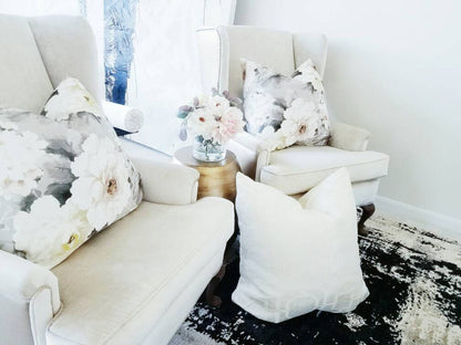 DESIGNER LINEN BLEND GREY AND BLUSH PINK FLORAL