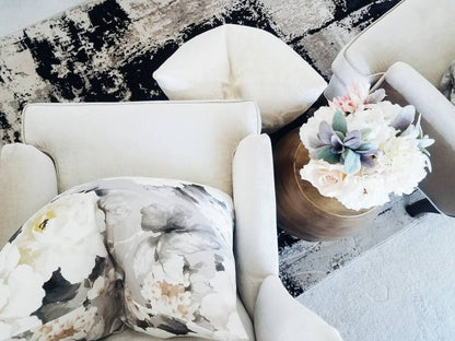 DESIGNER LINEN BLEND GREY AND BLUSH PINK FLORAL