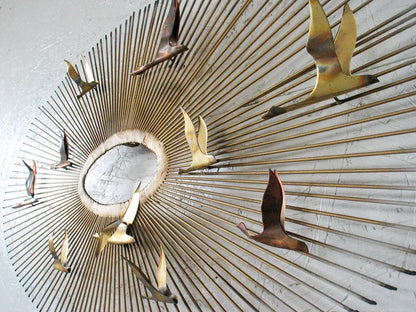 MID-CENTURY MODERN WALL SCULPTURE "BIRDS IN FLIGHT ON SUNBURST"